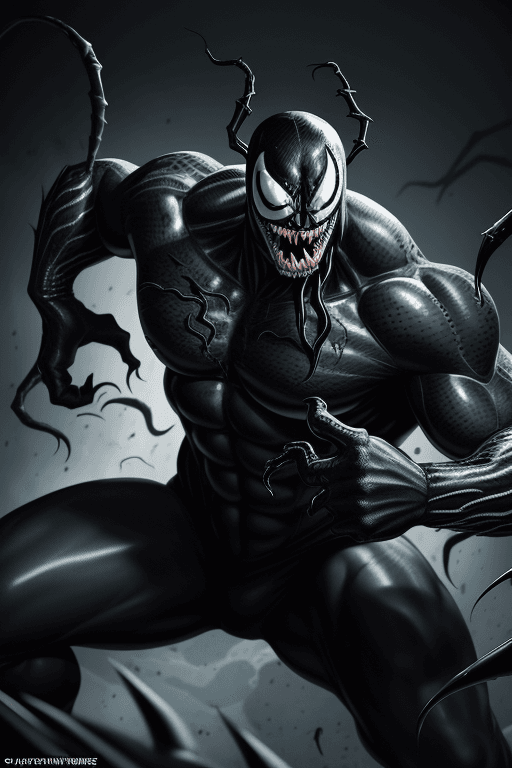 AI generated: Venom watch, imposing anti-hero, action pose, a sleek black symbiotic suit, a monstrous mouth full o...