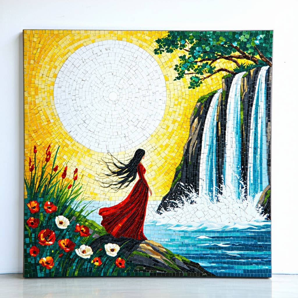 AI generated: Create an image of a vibrant mosaic art piece by Laurel True, viewed from a high-angle perspective a...