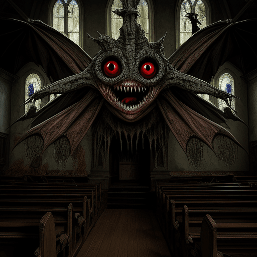 AI generated: Eldredge horror with many eyes and teeth in an old church 