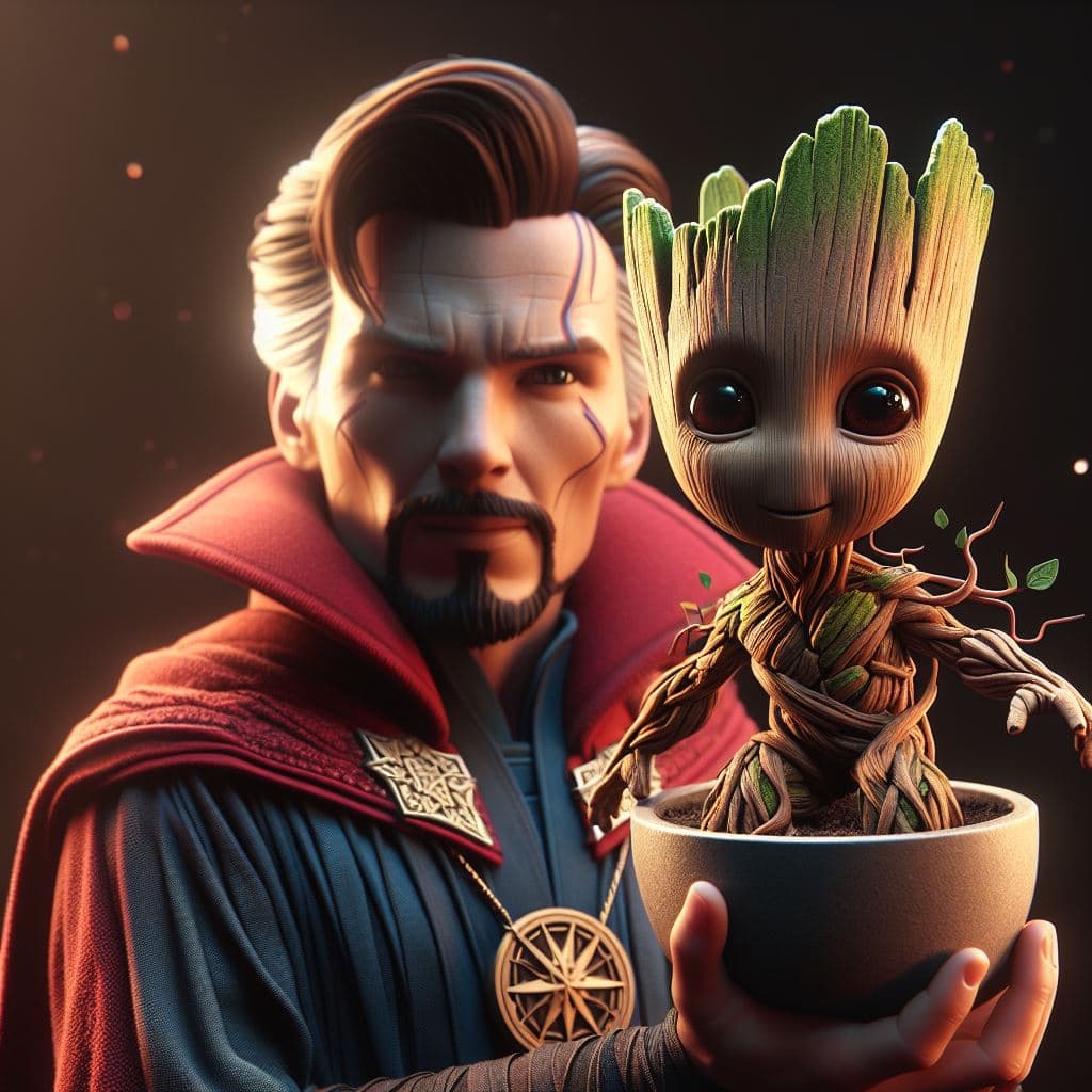 AI generated: Baby Groot of Marvel, disfrazado de Doctor Strange, masterpiece, 8K, octane render, ray-tracing