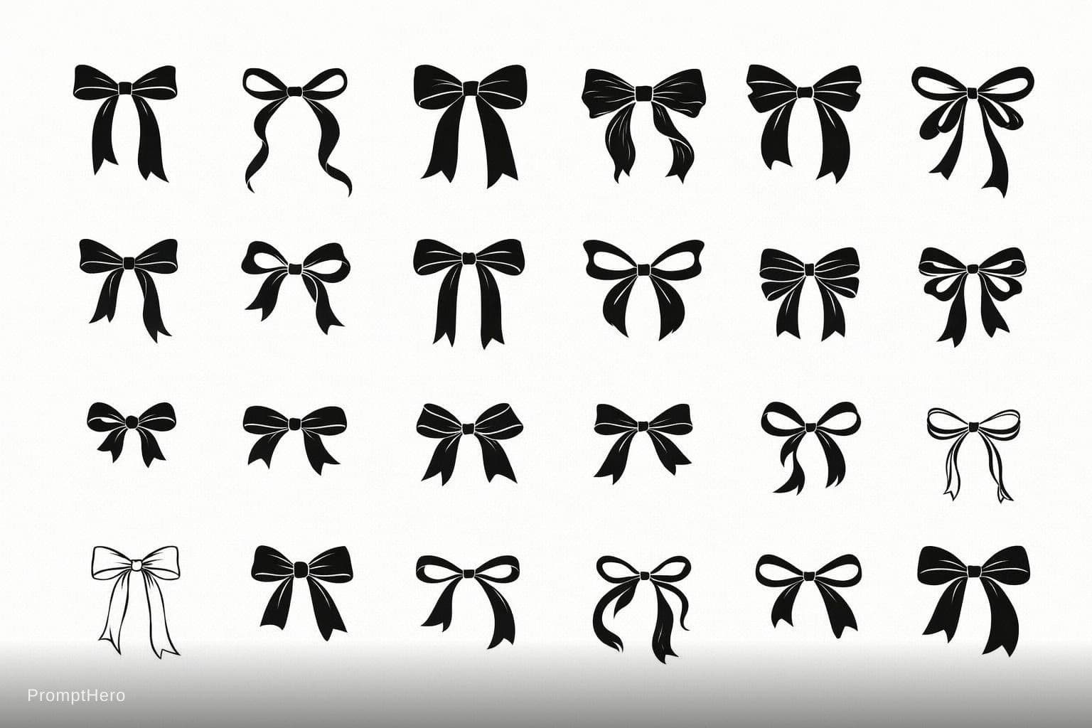 AI generated: Create a collection of 20 stylish ribbon bows arranged as a clean vector bundle, black ribbon bows w...