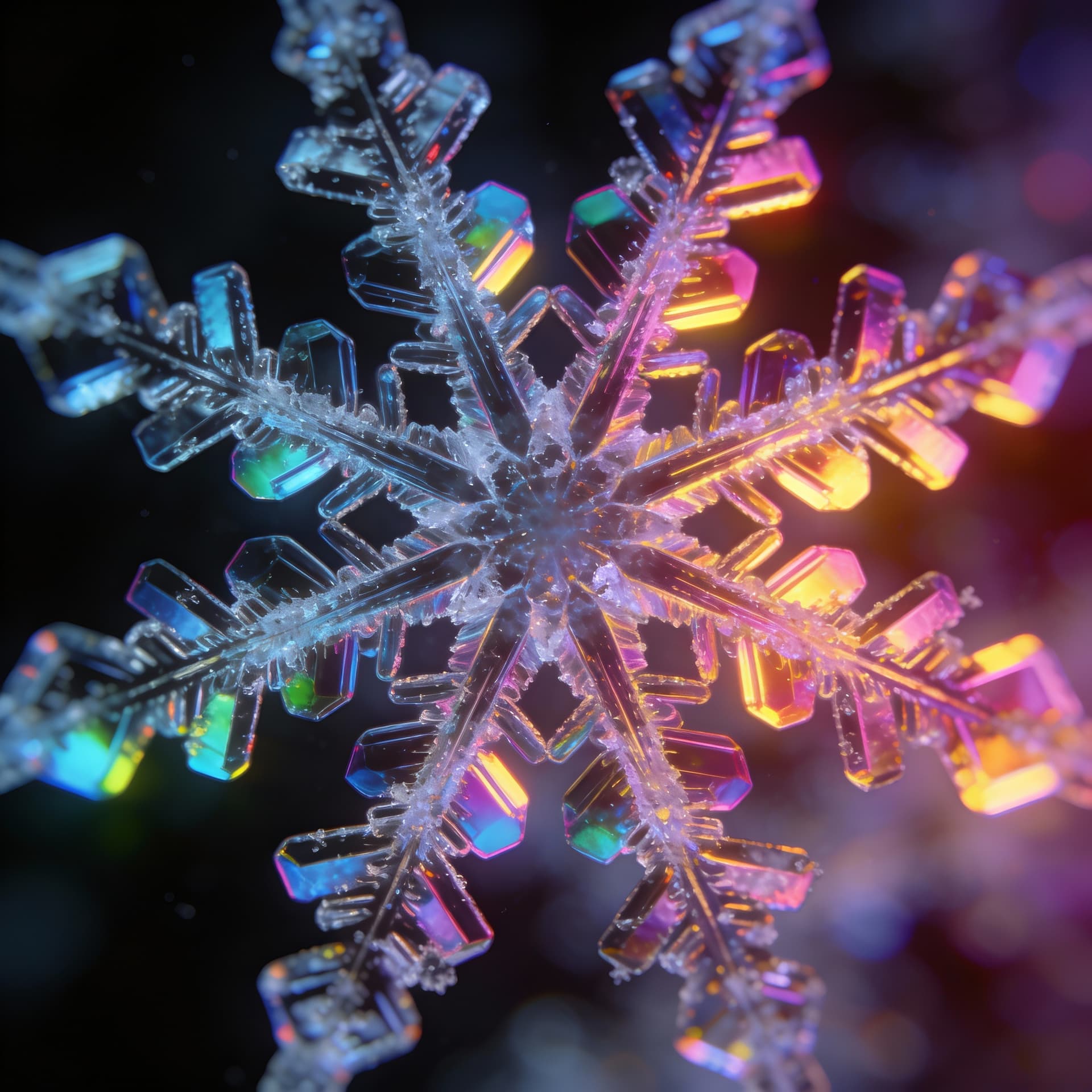 AI generated: snowflake under a microscope, artistic macro view, abstract crystalline geometry, symmetrical patter...