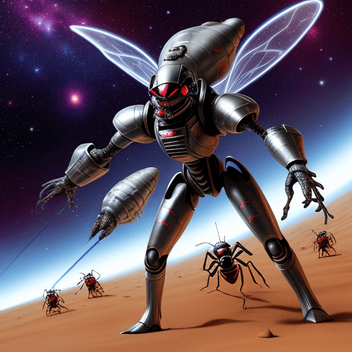 AI generated: alien ant army group with silver ant armor invasion the planet, gunfire with red ant group, space st...