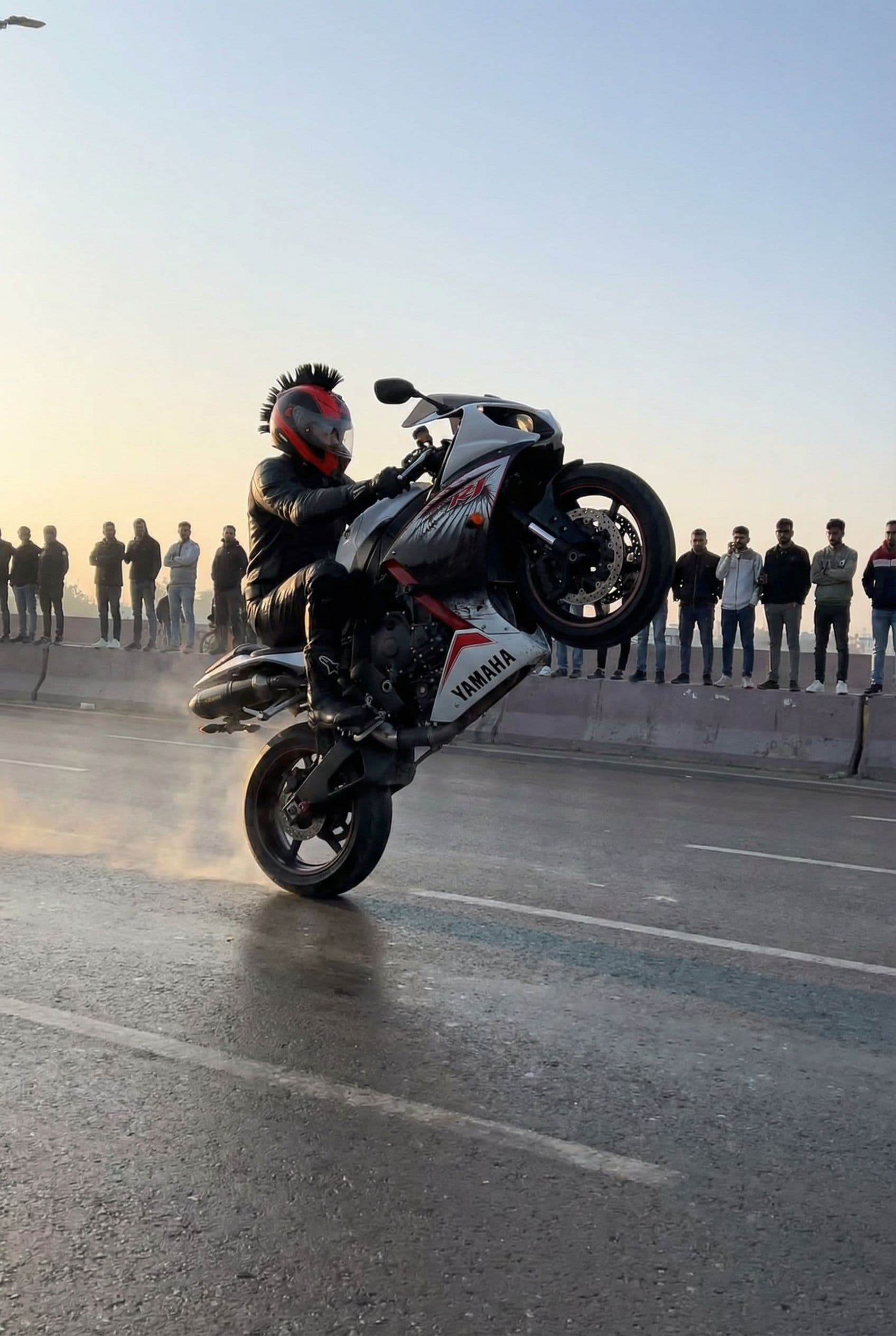 AI generated: Wheelie at the uploaded highway, morning 