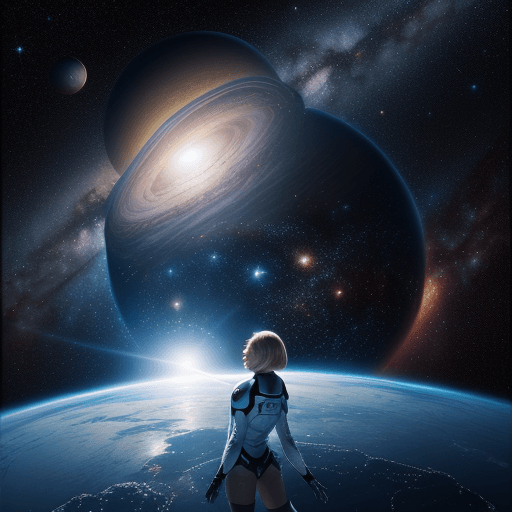 AI generated: A starfield poster of of a female with short blond straight hair, looking towards camera with lens f...