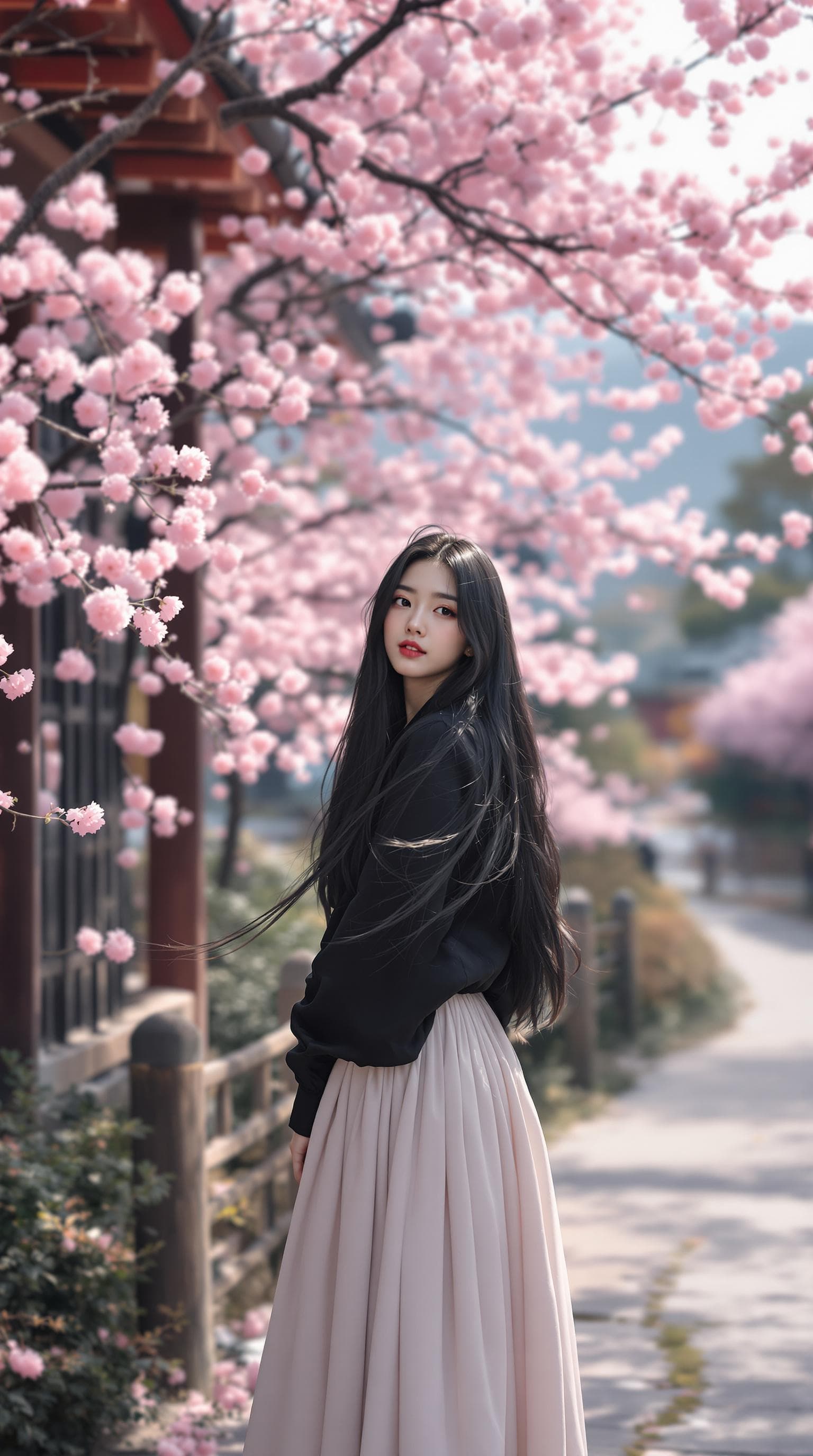 AI generated: beautiful girl, ulzzang face, long hair, black hair, wearing a black shirt, long skirt, cowboy shot,...