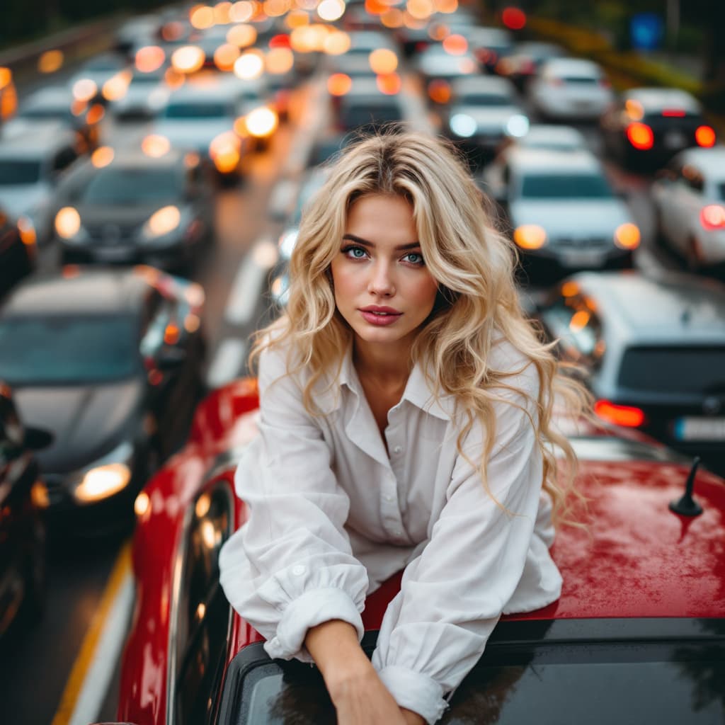 AI generated: woman with blond hair sitting on a red mercedes-benz car root,stucked in heavy traffic jam on a high...