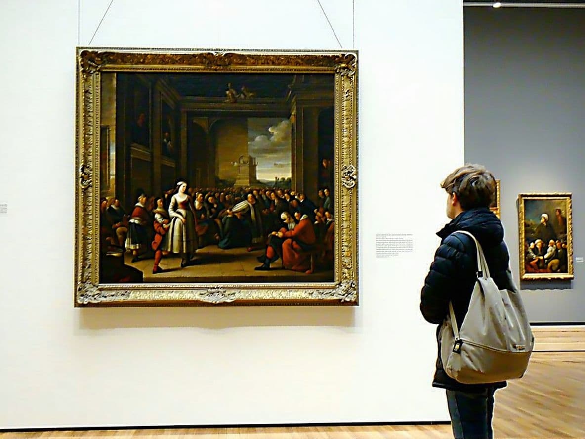 AI generated: in a painting by Joos de Momperwe see a painting, in a museum, of itself hanging on the wall, lookin...