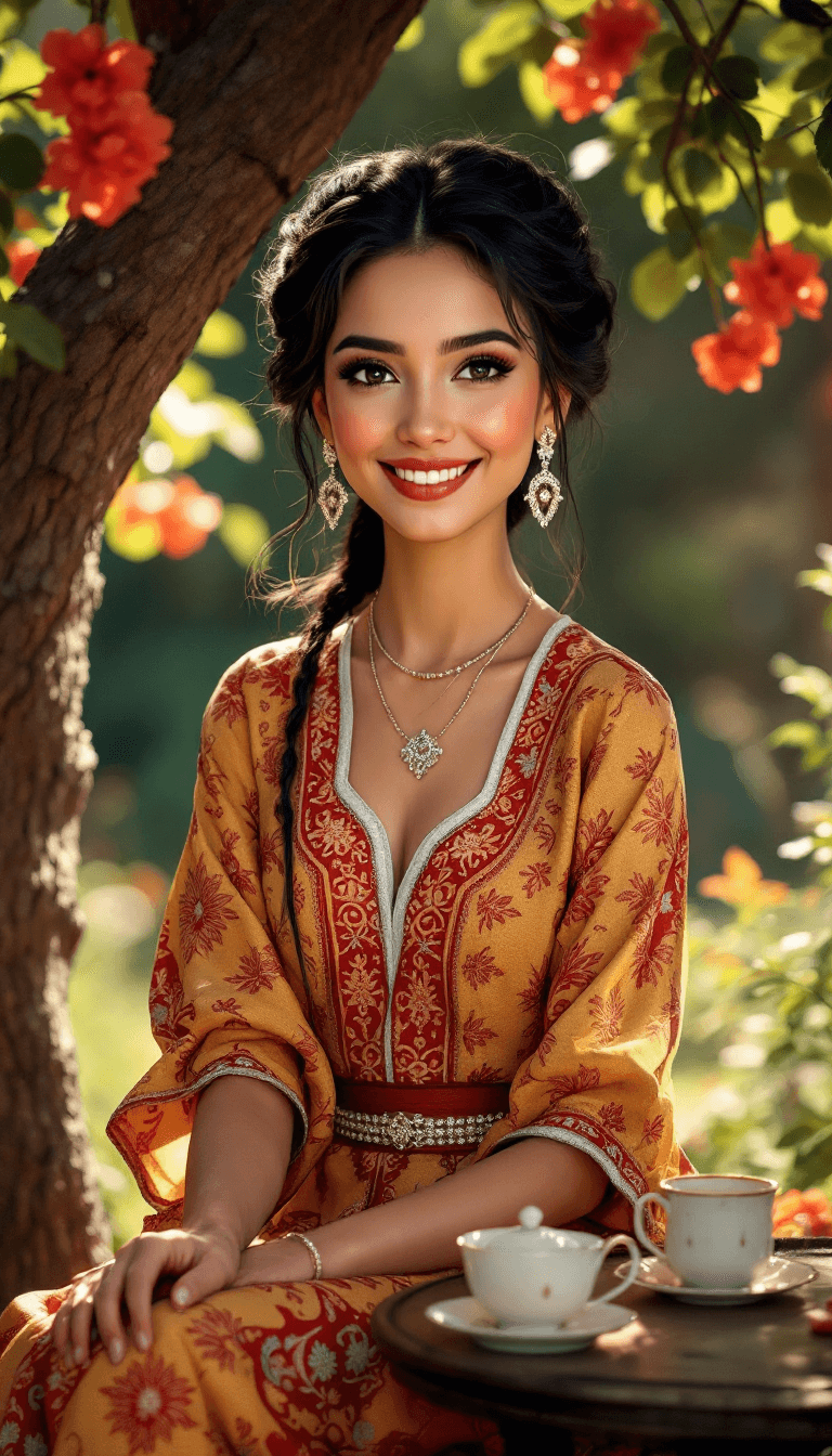 AI generated: /imagine prompt: A radiant Uzbek woman with glowing tan skin, deep black almond-shaped eyes, and a k...