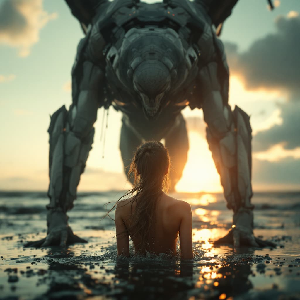 AI generated: Une femme débarque de son vaisseau et se retrouve face à des extraterrestre très sexy, dramatic ligh...