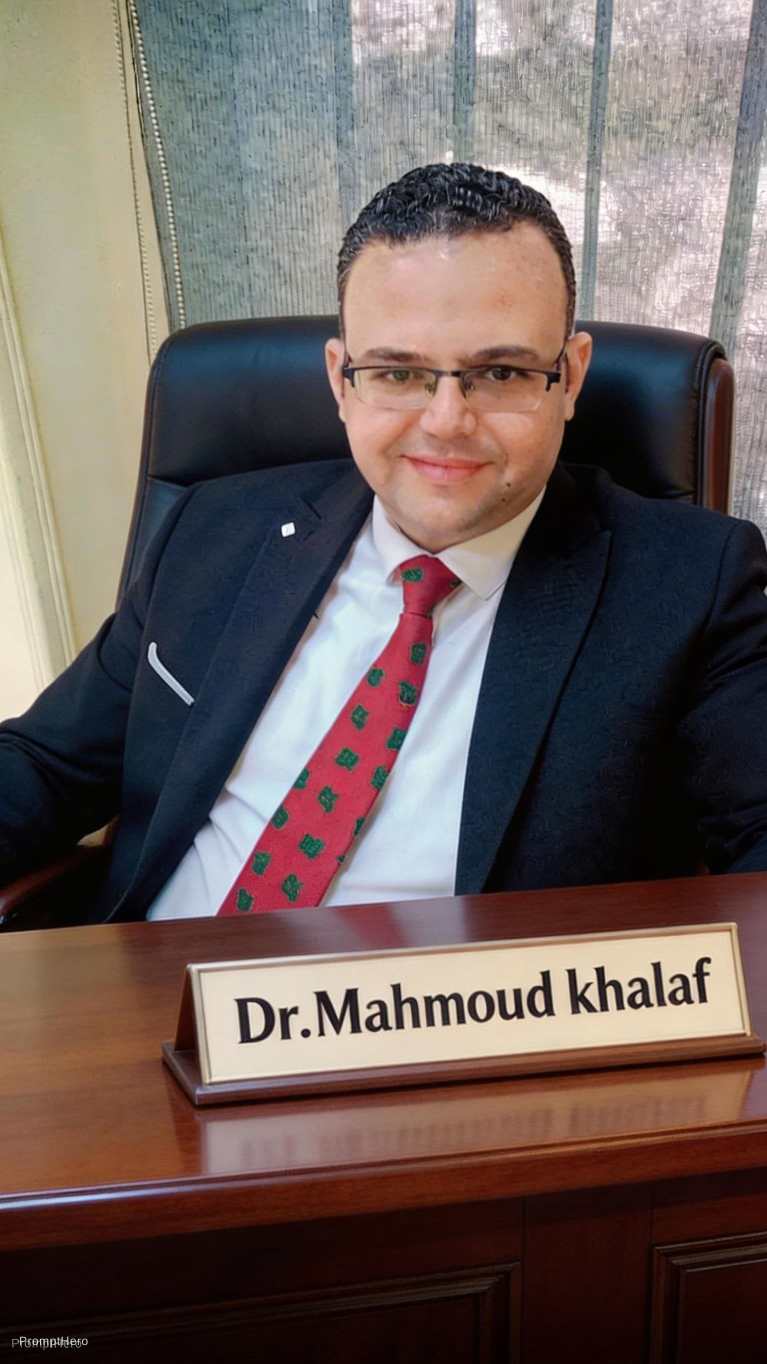 AI generated: عاوز اقعد على مكتب كبير بتاع رئيس مجلس ادارة وحد بيصورنى واكتب يافطه عليها Dr.Mahmoud khalaf