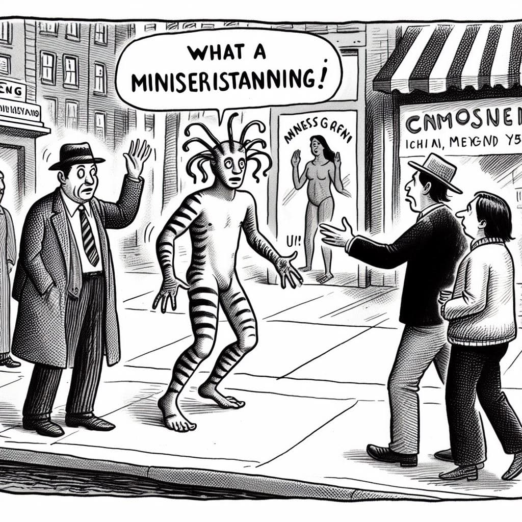 AI generated: A New Yorker cartoon that illustrates the caption "What a misunderstanding!"