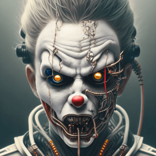 AI generated: by kyoto animation, An evil scary clown, wearing cyberpunk intricate streetwear, beautiful, detailed...