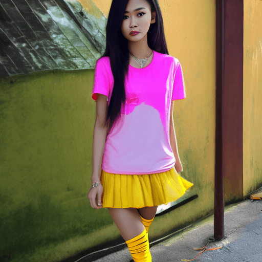 AI generated: female,Thailand, fashion model,long yellow hair, tall, muscle,bluw t-shirt,pink skirt, full body