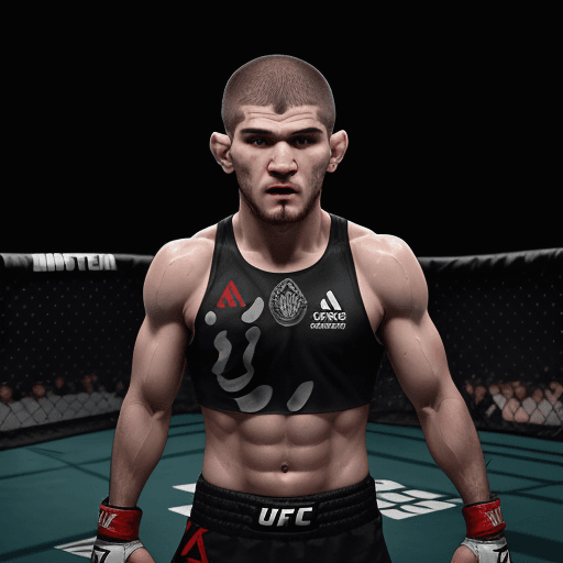 AI generated: Khabib Nurmagomedov UFC fighter, standing in the octagon, bottom view, sweaty, expression, high natu...