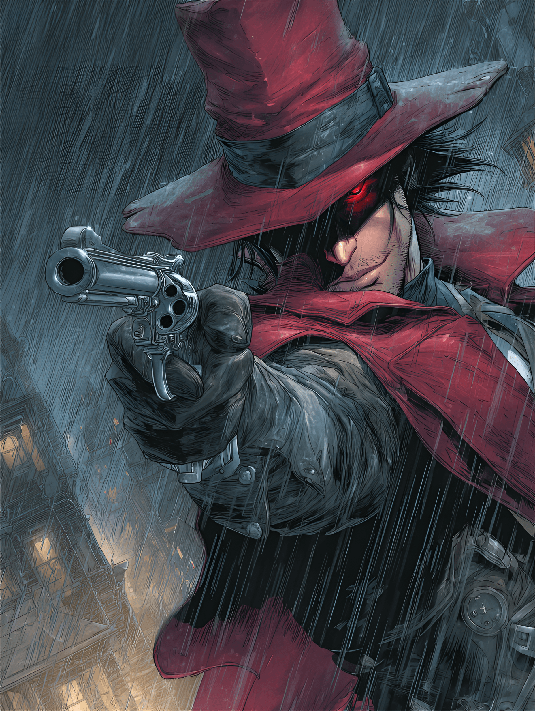 AI generated: Dark, stylish vampire villain with a large red hat, holding a revolver, detailed urban background,  ...