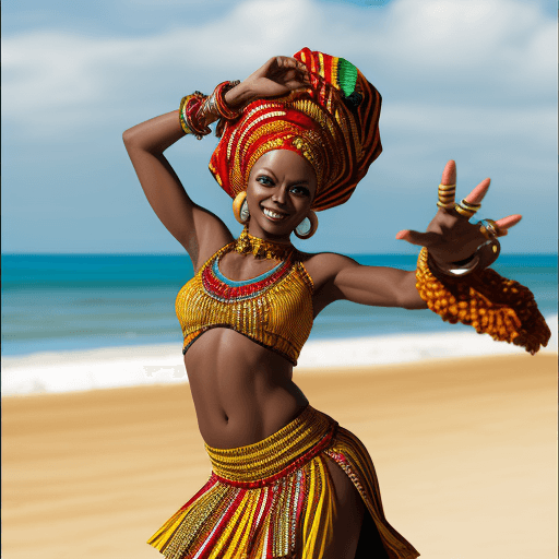 AI generated: African funk dancer, moda photography, on the beach
