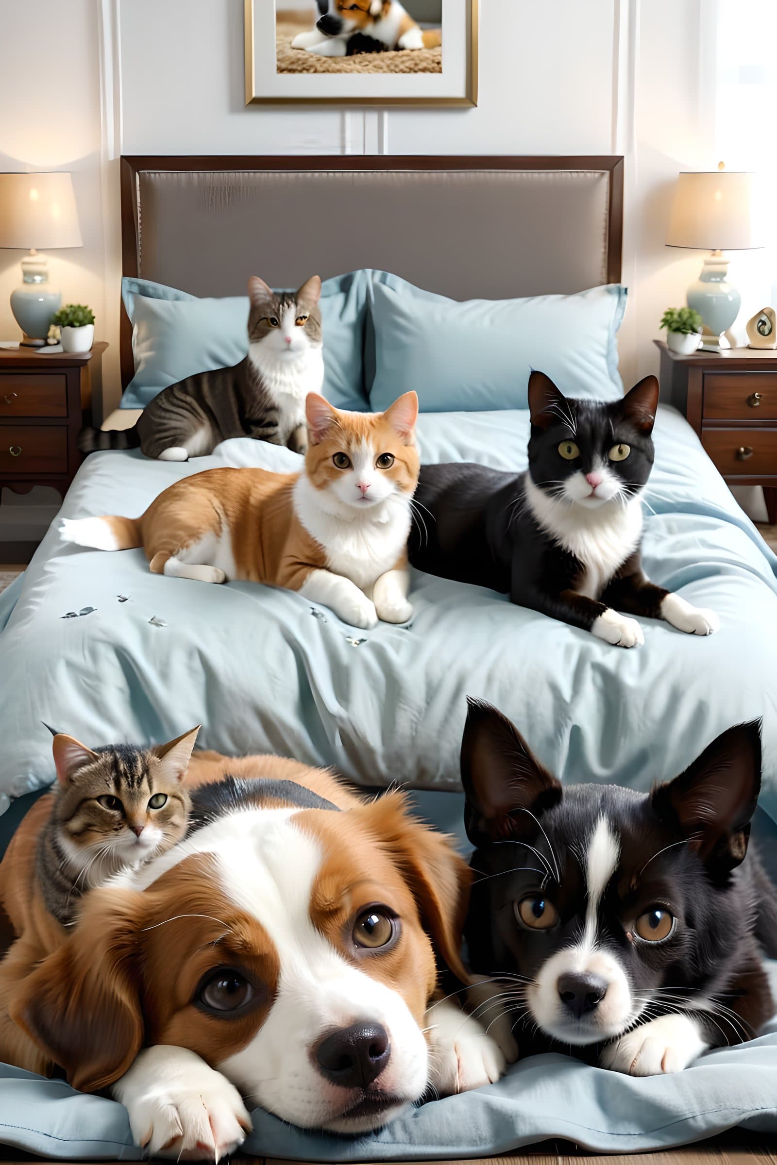 AI generated: (Group of Pets:1.3), (lying on the bed:1.2), (cozy bedroom in the background:1.3), stock photo Pets,...