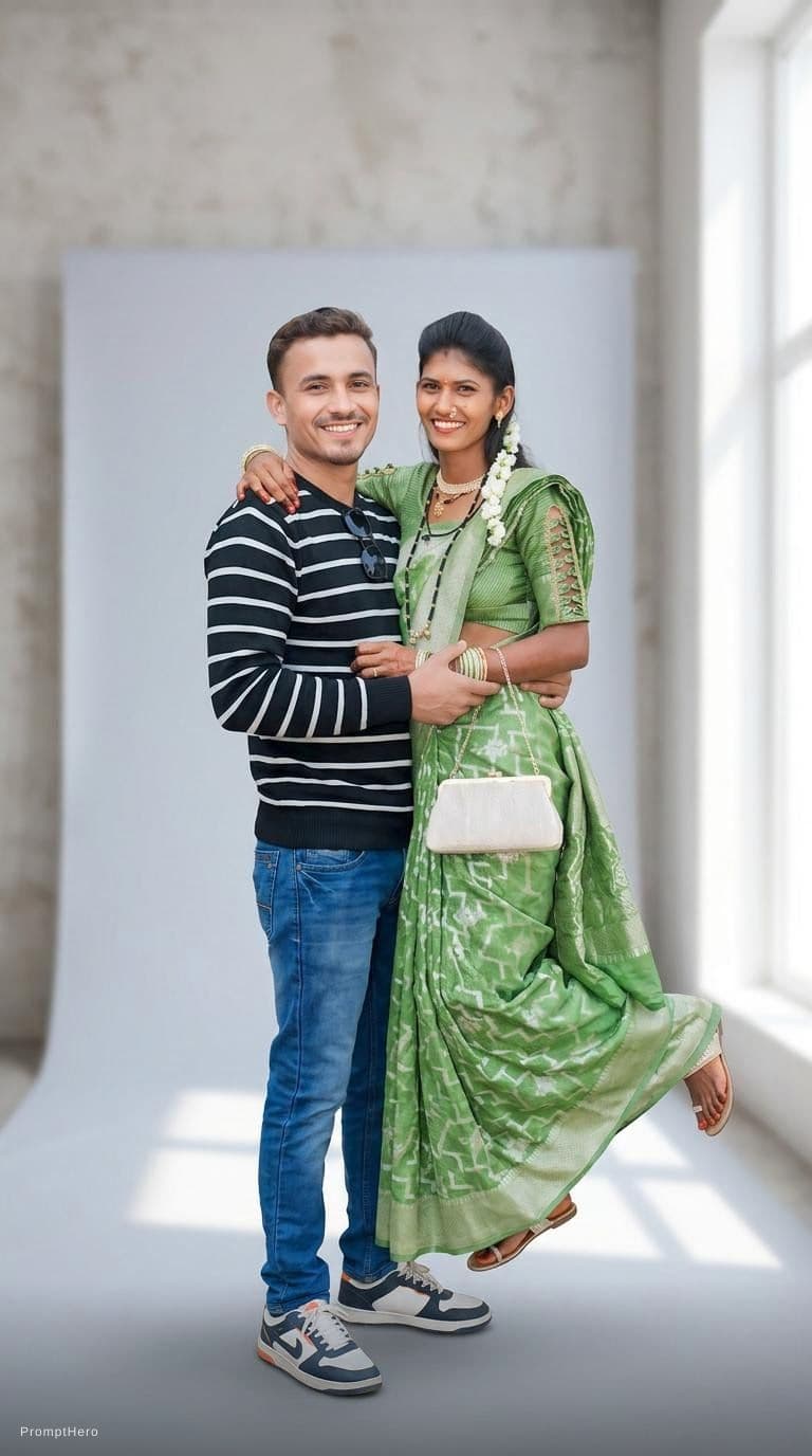 AI generated: Ultra realistic studio couple portrait, romantic fashion editorial photoshoot, minimalist studio bac...