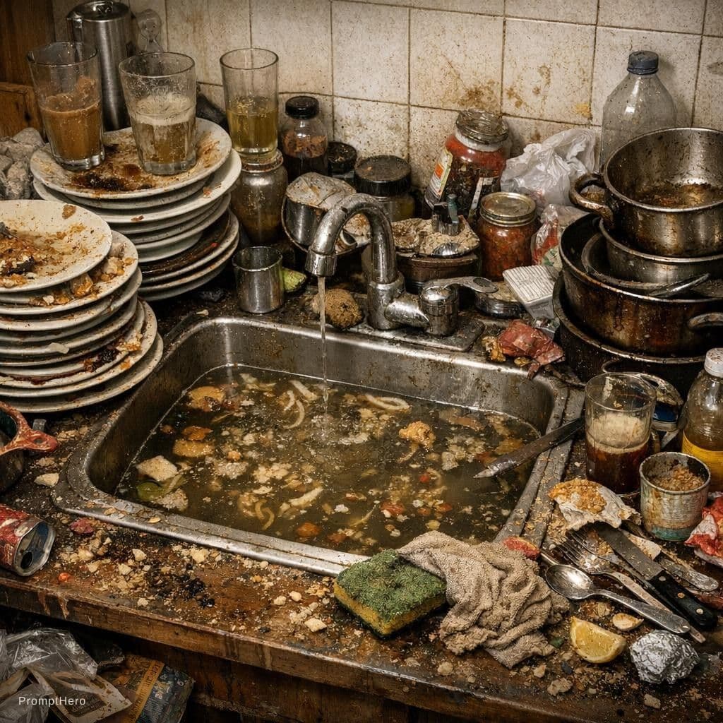 AI generated: An extremely messy kitchen sink area with huge piles of dirty dishes stacked high. Plates covered in...