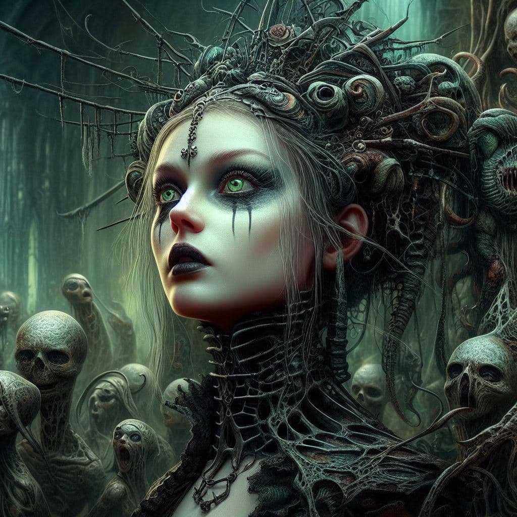 AI generated: a strange ,mystical world by H.r.Giger and jean ansell. A gothic woman looks mysteriously into the p...
