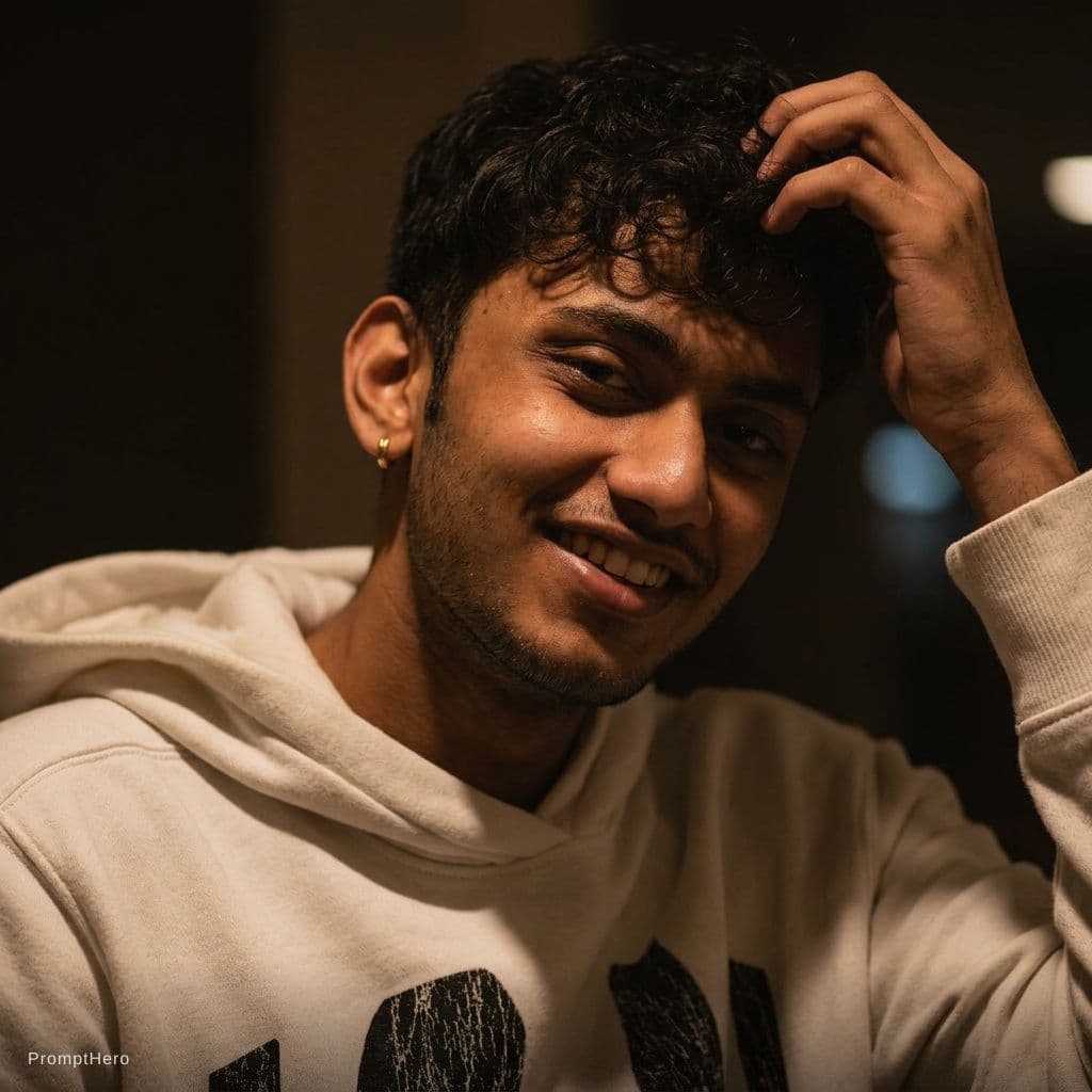 AI generated: A young man with dark, curly hair and a short beard, captured in a warm, low-key lighting setup. He ...