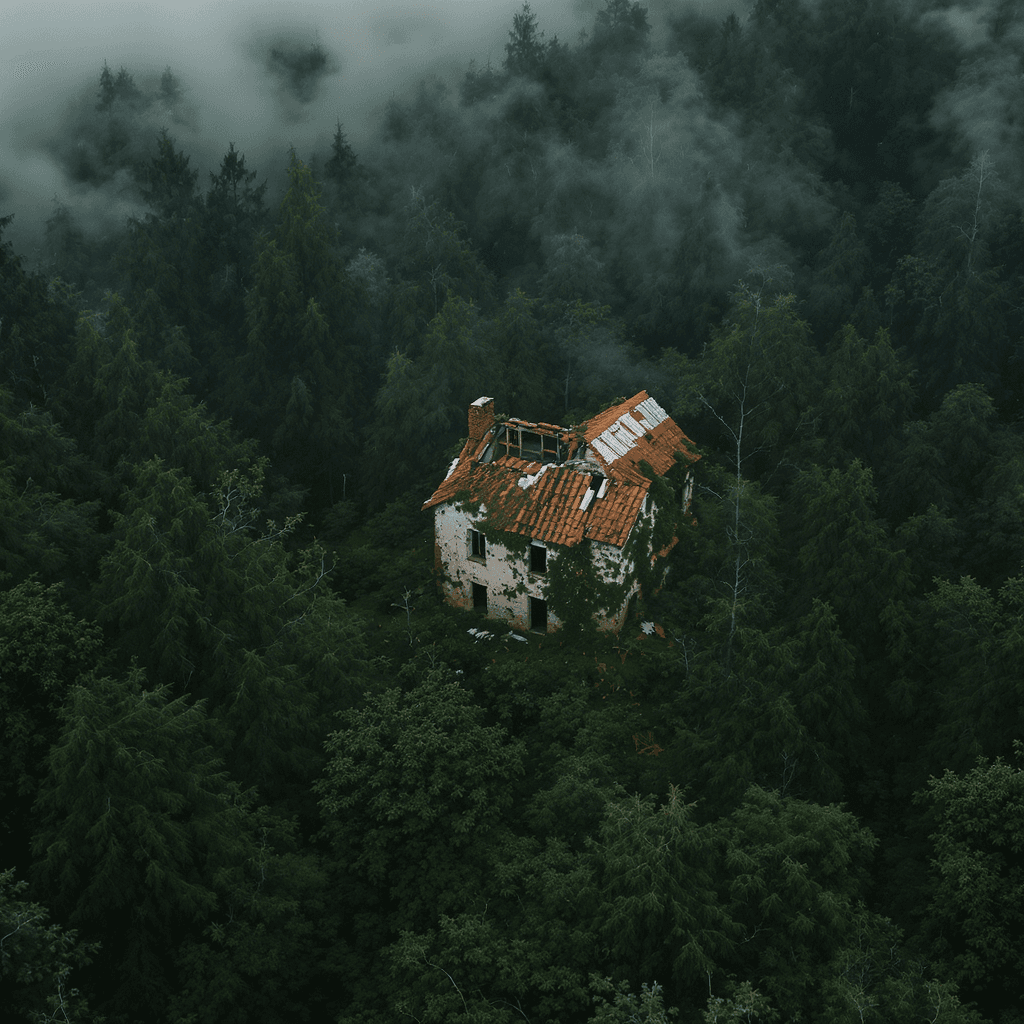 AI generated: Vista aérea tipo dron sobre un bosque inmenso y denso, árboles altos de tonos verde oscuro y neblina...