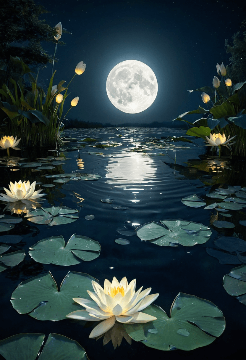 AI generated: A serene koi pond illuminated by the soft, warm glow of a full moon casting ethereal light across th...
