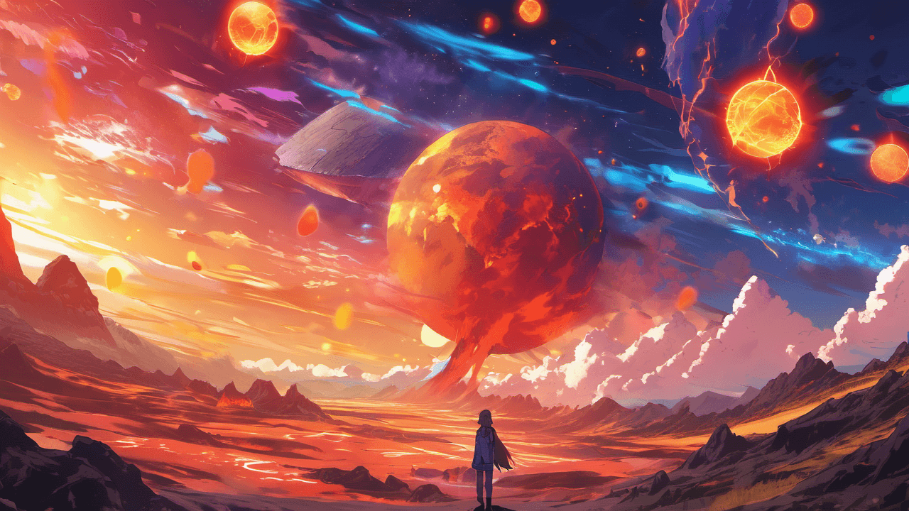 AI generated: anime artwork Three-Body Problem, no one, three suns in the sky, magma pouring out from everywhere ....