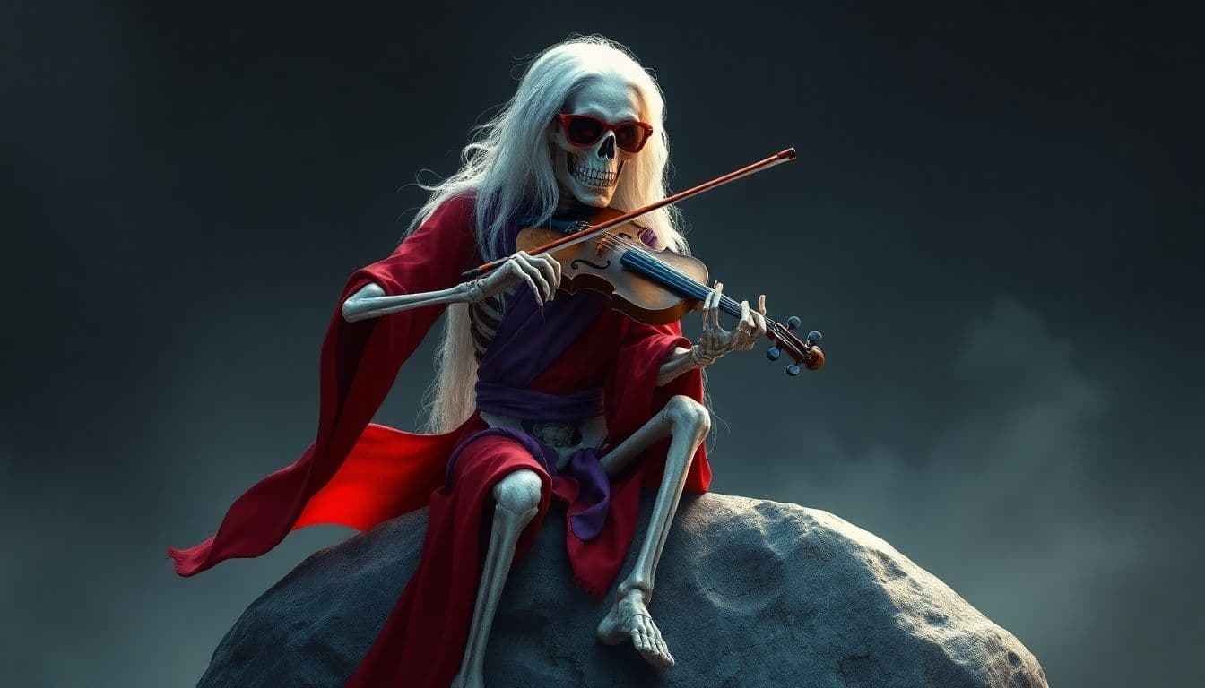 AI generated: a skeleton with long, white hair, wearing a red robe with a purple sash around its waist, and red su...