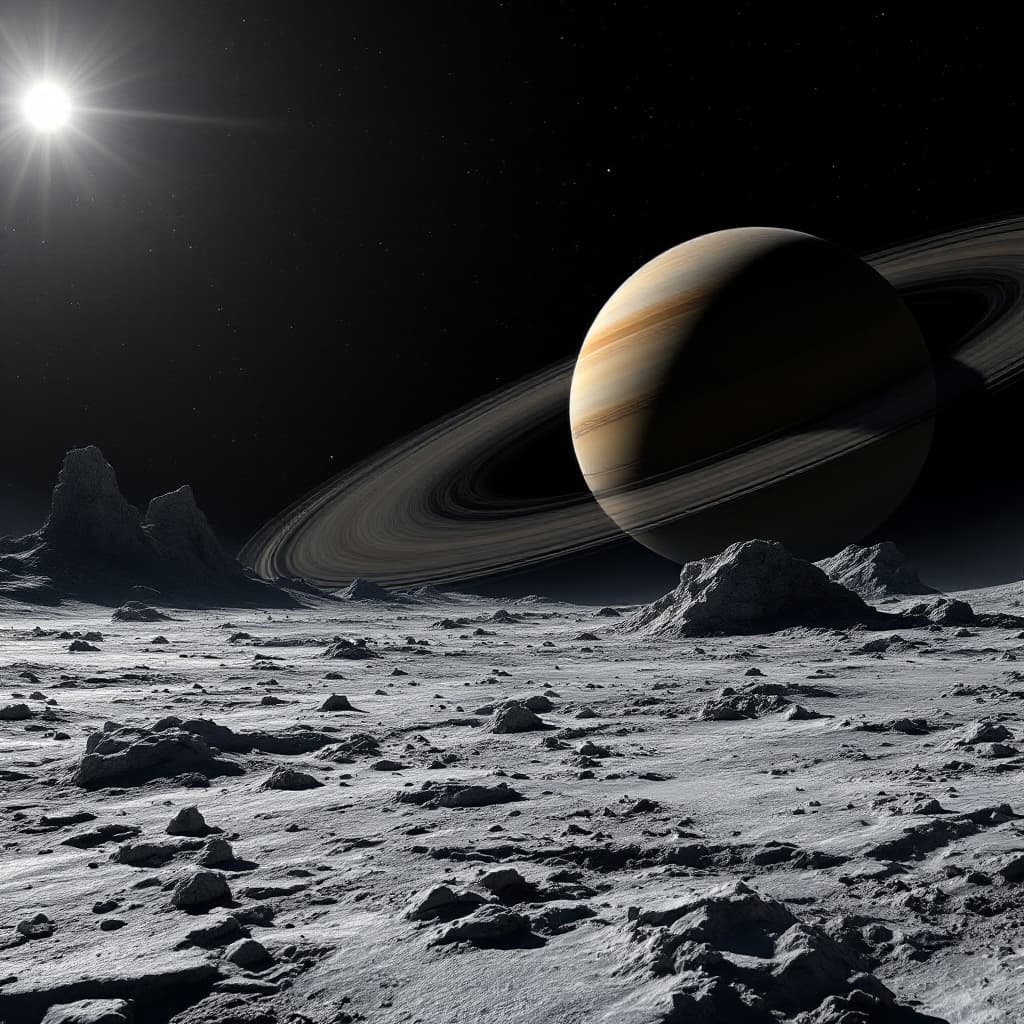 AI generated: Realistic view from Saturn's icy moon surface. Giant Saturn and prominent rings dominate the black s...