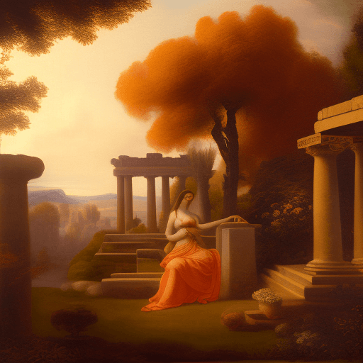 AI generated:  old masters styled painting of an ancient greek garden, trading card format, subject is Aphrodite, ...