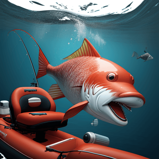 AI generated: fishing inflatable boat, the propeller is spinning underwater, the red fish is terrified