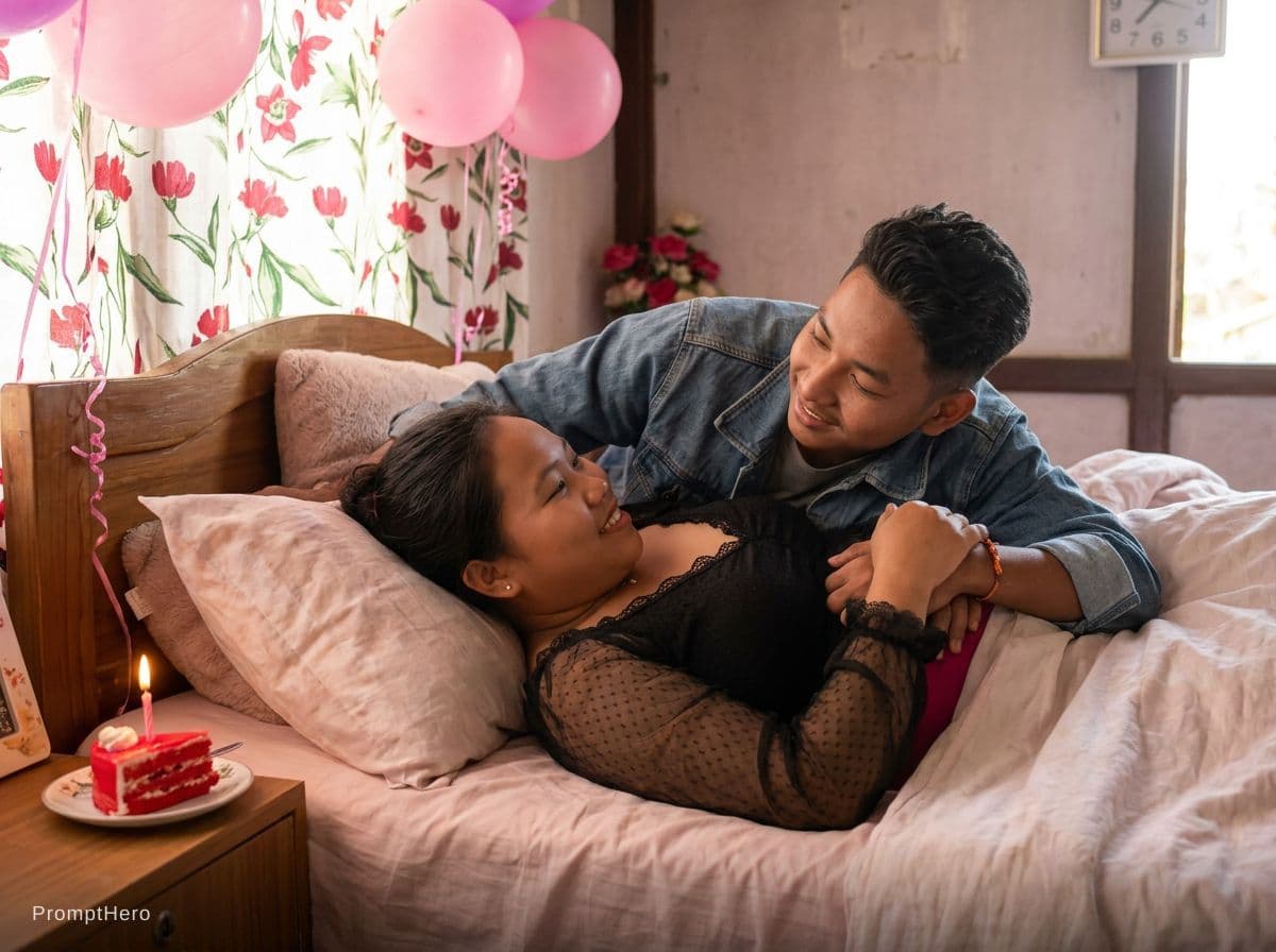 AI generated: Make this couple lying on bed keep the girls face same as the photo 