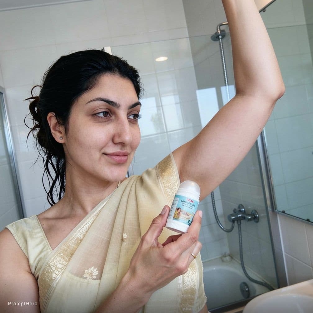 AI generated: Same face as reference Indian woman in a saree and sleeveless blouse standing in a modern bathroom, ...
