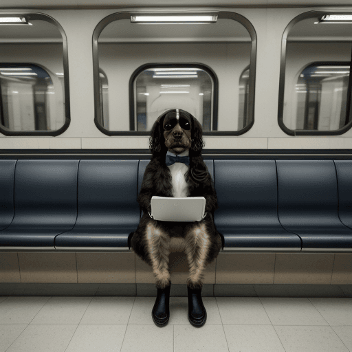 AI generated: Russian spaniel dog going to work in Moscow subway, realistic, dog in office clothes, black and whit...