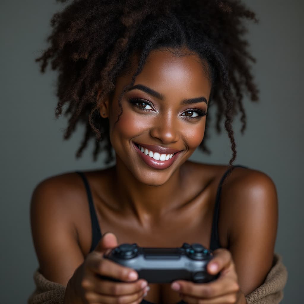 AI generated: A pretty, shiny dark skin lady that is engaged, and likely interested in topics like Web3, gaming en...