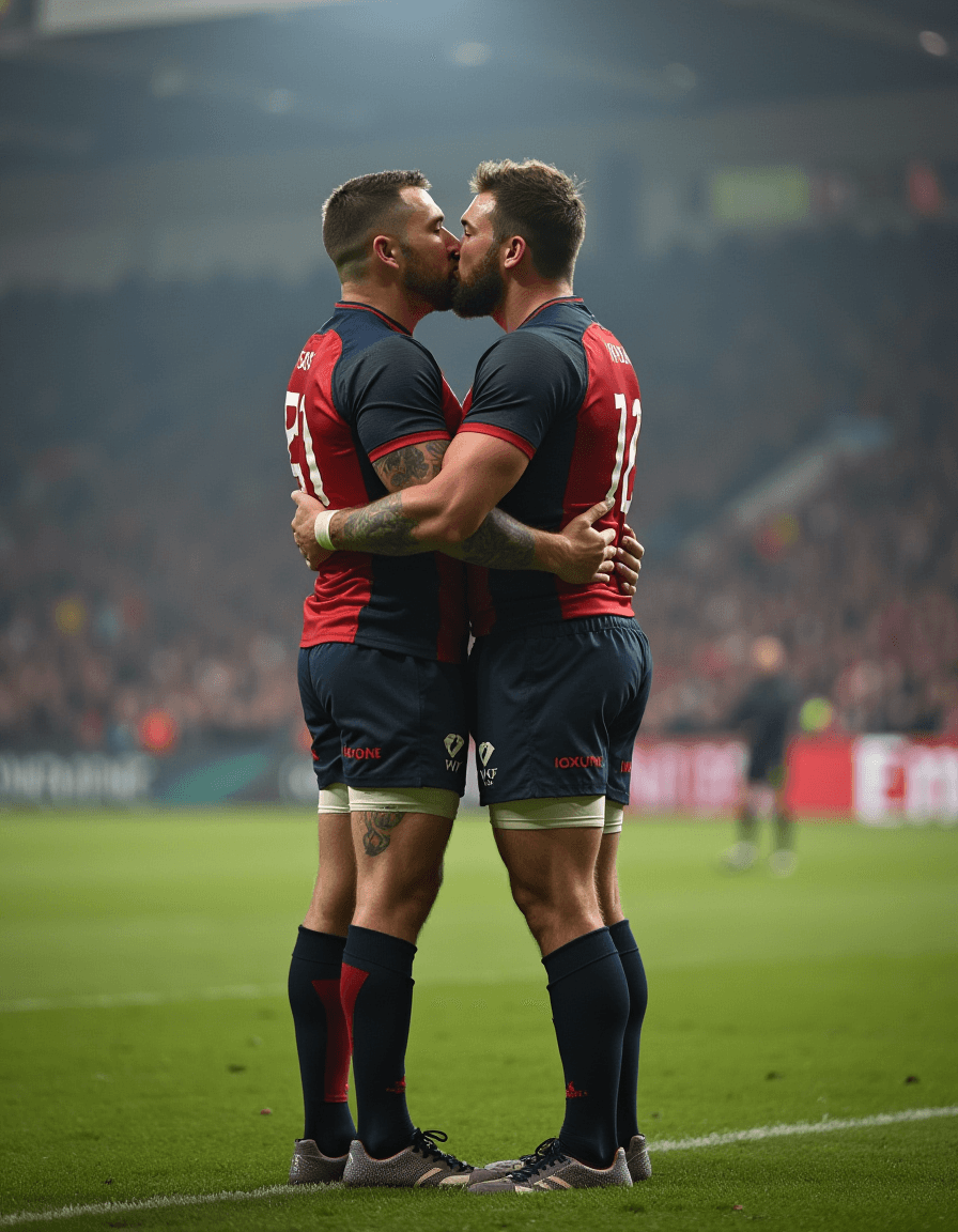 AI generated: two rugby men kissing on a rugby field