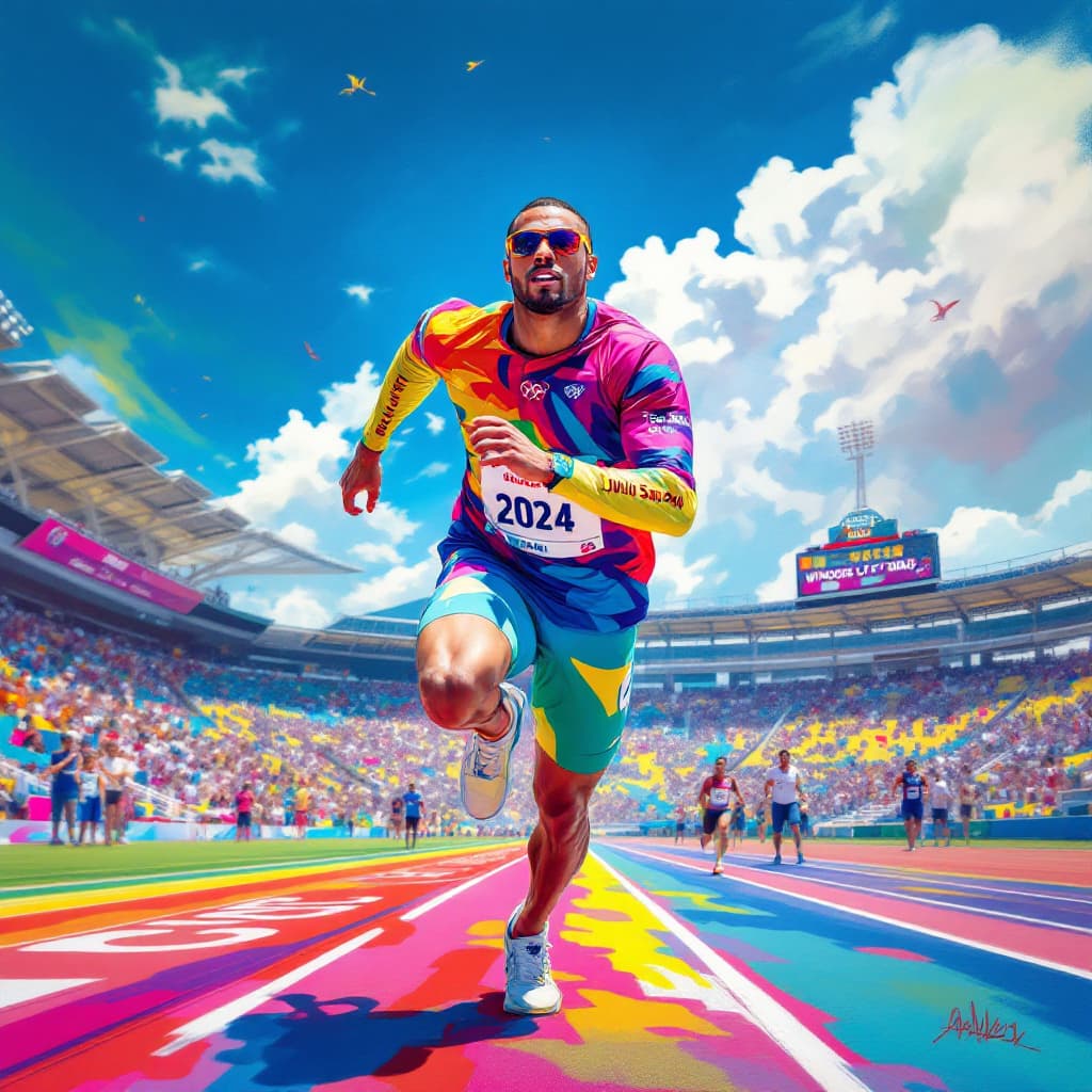 AI generated: A vibrant and detailed airbrushed painting of an Olympic runner, in the style of Greg Rutkowski, ado...
