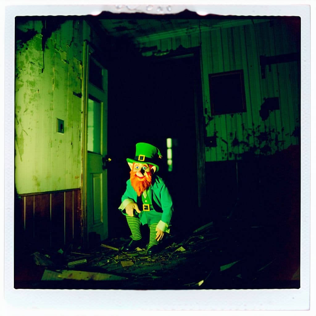 AI generated: grainy 80's photograph quality polaroid of a leprechaun caught in an abandoned house, dark, uncanny,...