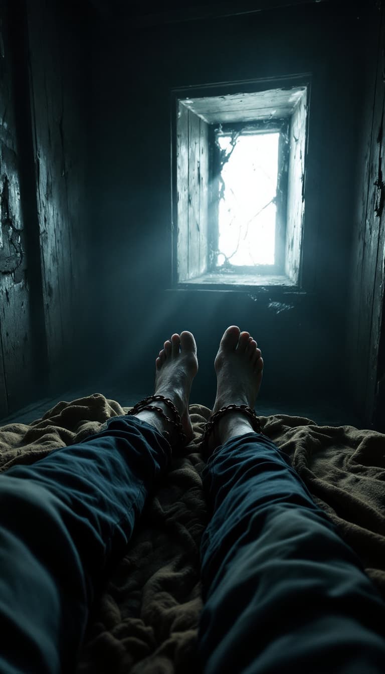 AI generated: First-person POV of waking up in a damp, 19th-century abandoned lighthouse tower. The camera shows y...