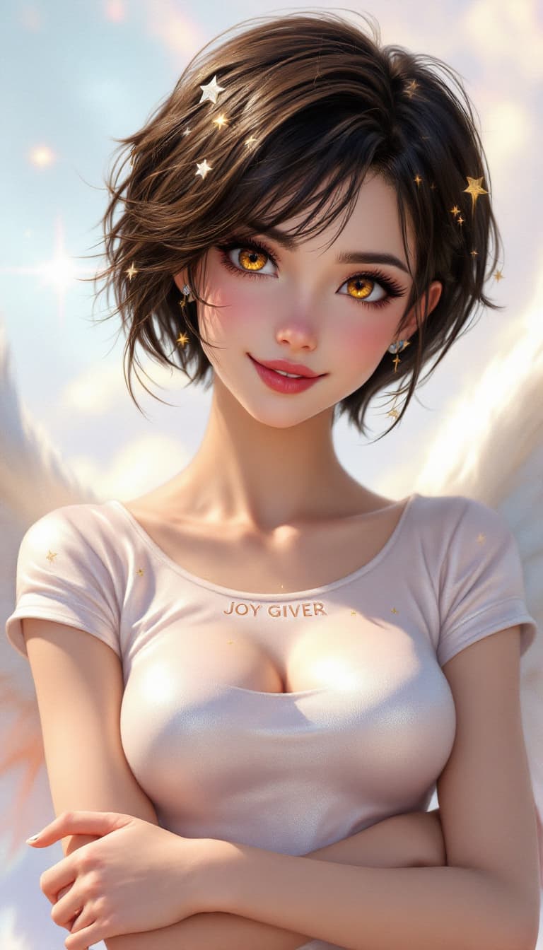AI generated: A hyper-realistic portrait of a female angel character with rose-gold skin and short, dark brown hai...