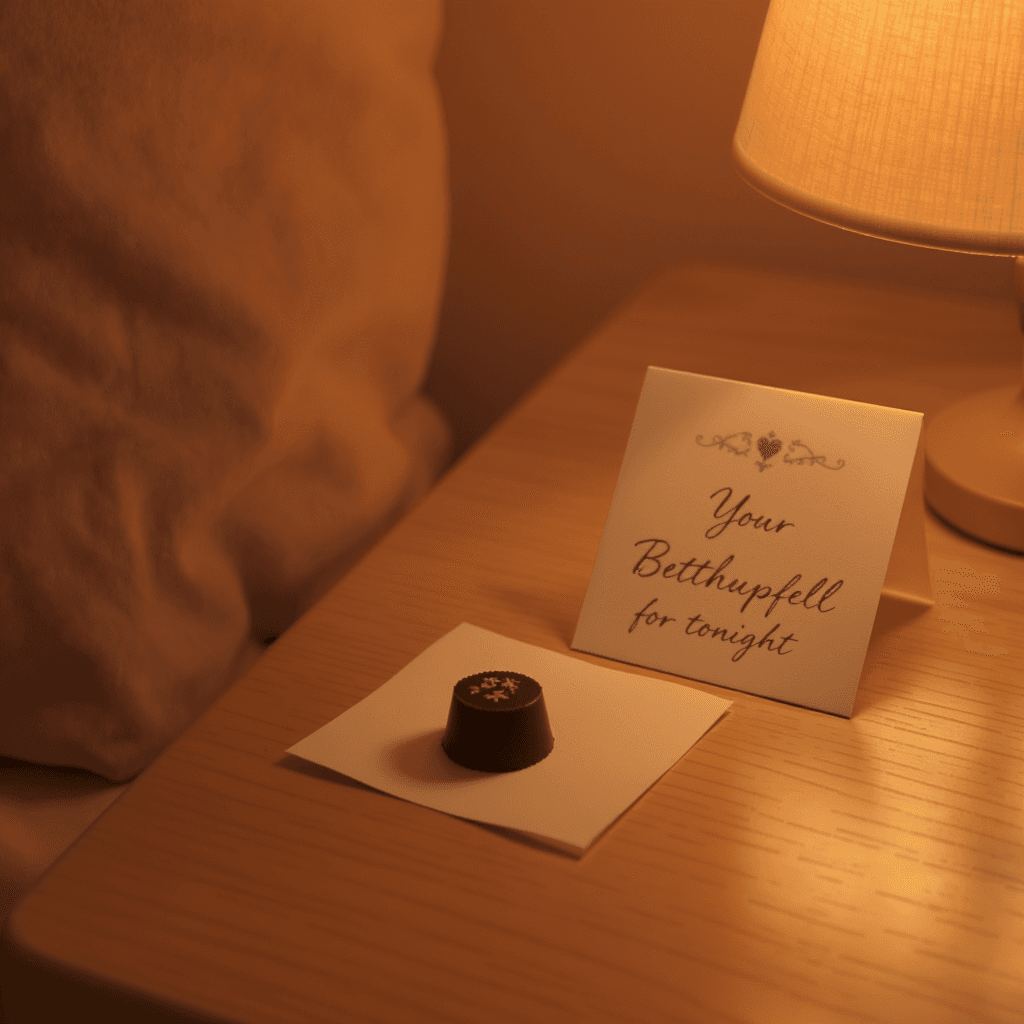 AI generated: A single, delicious-looking Betthupferl (small sweet treat) on a nightstand, with a warm, inviting l...