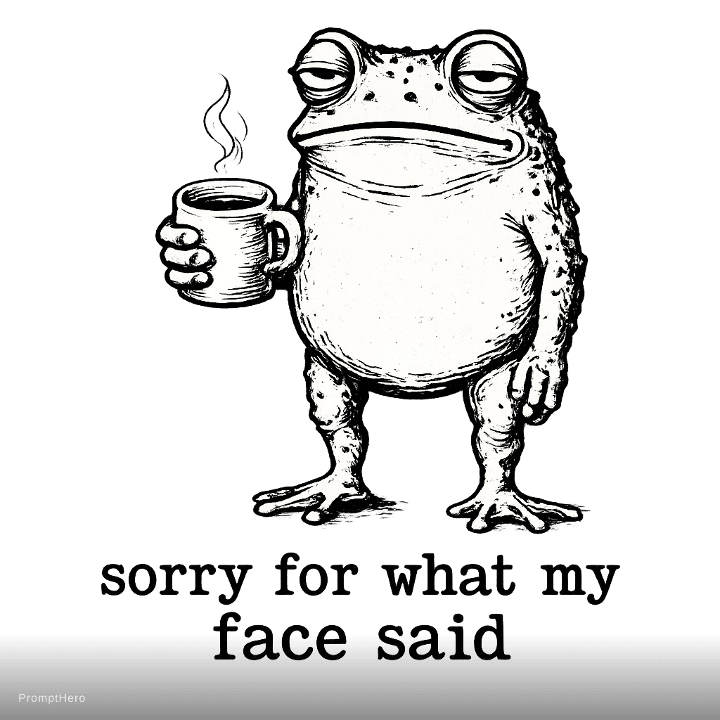 AI generated: sarcastic sleepy frog with half-closed eyes holding a coffee mug lazily, unimpressed neutral face, v...