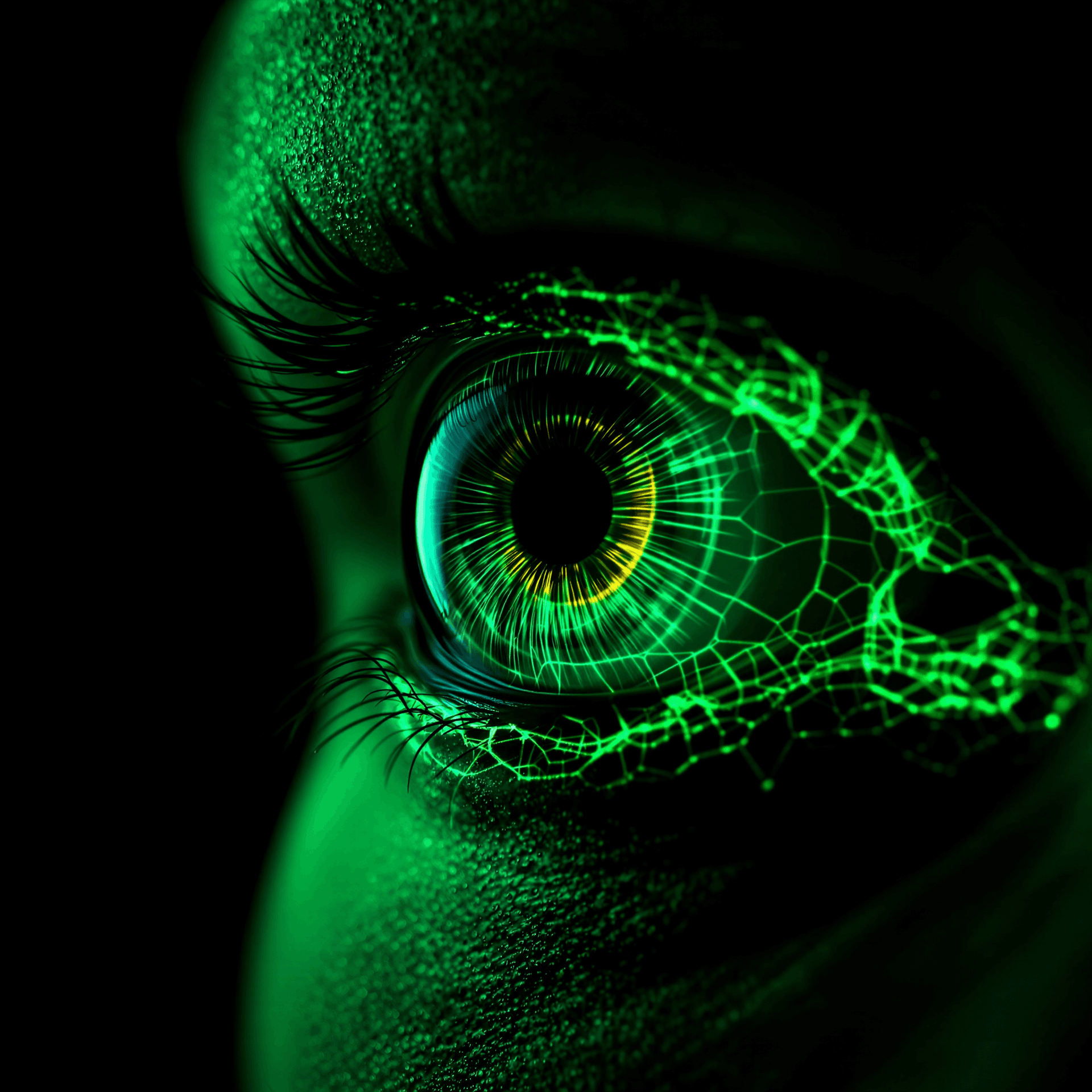AI generated: green x-ray, eye, macro-shot, black background, realistic, rich detailing