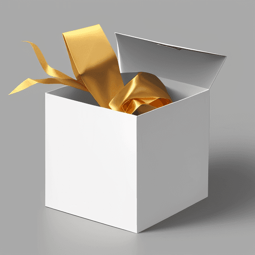 AI generated: on a plain gray background,

a white cube-shaped gift box,

open at the top and with the lid open 45...