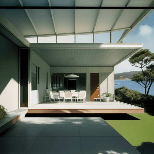 AI generated: Hyper realistic eye level exterior photo of a mid century modern style house overlooking the ocean, ...