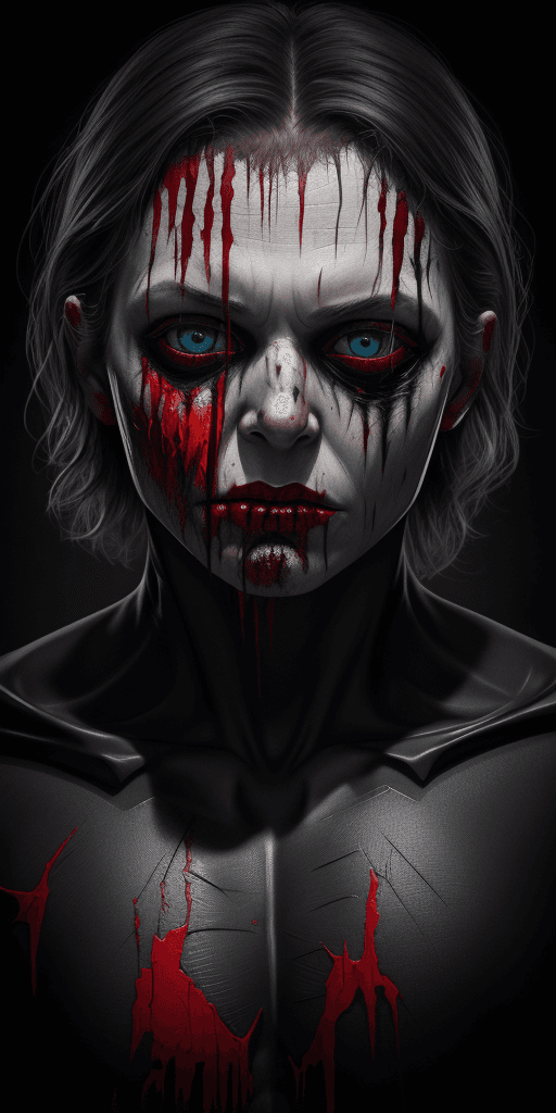AI generated: 8k Studio Photography, work over Batman, bloody face, open flesh wounds, Scary Creepy (Grisly) Omino...
