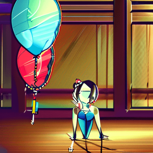 AI generated: Girl, kneeling vertically, drooped head, hanging balloons around her neck, balloons that say "help m...