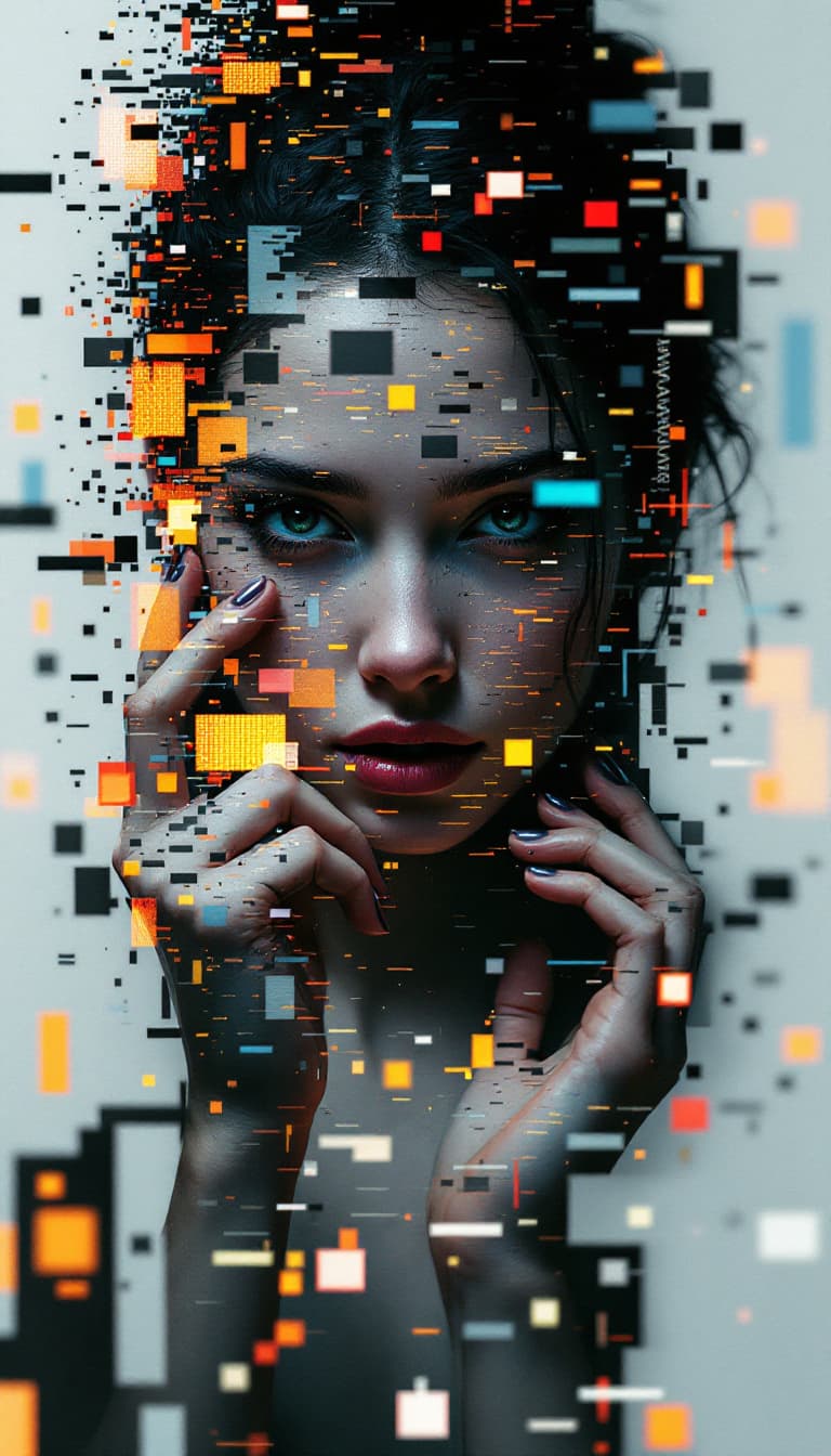 AI generated: Digital Pixel Sorting Art, Distorted Pixels, Abstract Forms, Glitched, Woman Holding a Screen Sortin...